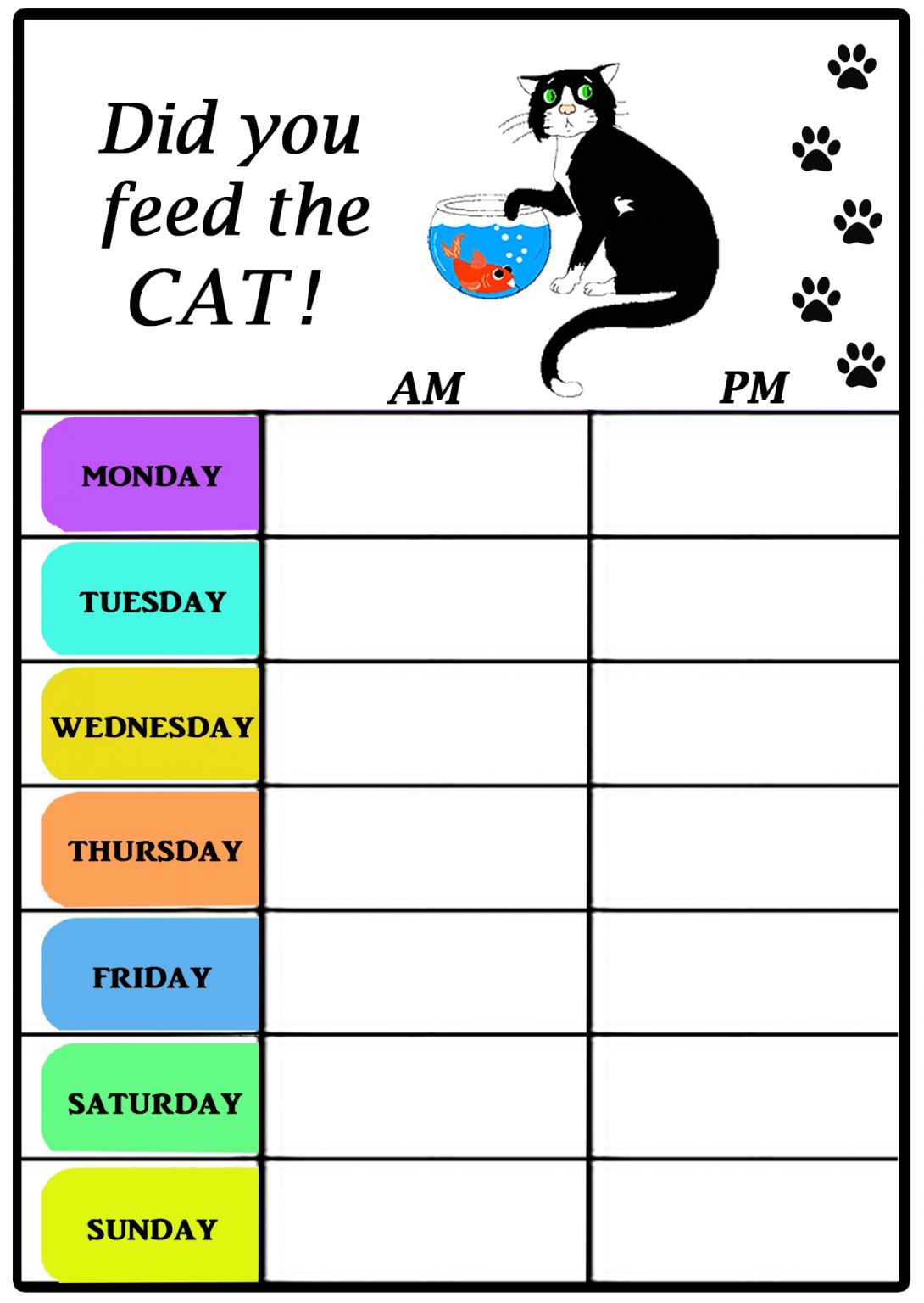 Cat Feeding Chart ‘Did You feed the Cat ‘ Unique Dry Wipe Flexible ...